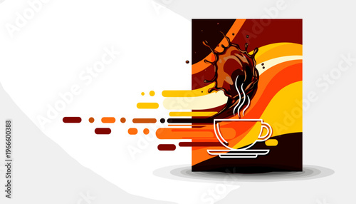 Abstract illustration of a steaming cup of coffee with splashes and lines in warm colors