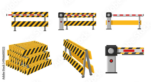 A set of yellow and black striped barrier icons for construction or roadwork