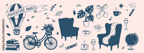 Home interior and furniture set, Living room comfort armchair graphics, Indoor plants and cozy decor, Urban lifestyle home accessories, Modern apartment interior doodles, Comfortable house living elem