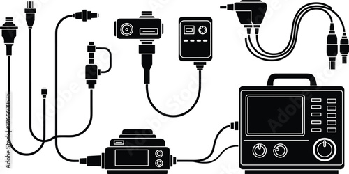 Medical Endoscopy System and Gastrointestinal Diagnostic Equipment Set with Digital Monitor Camera Fiber Optic Cables and Control Unit Vector Illustration