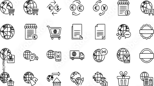 Comprehensive graphic design collection featuring online shopping, worldwide shipping, financial exchange, customs declaration, delivery logistics