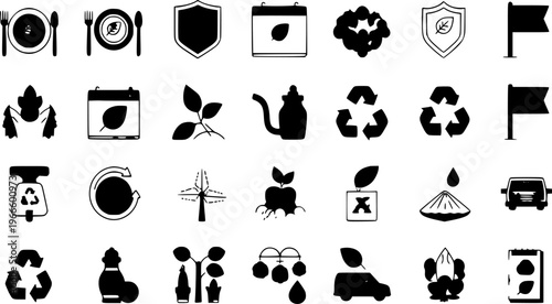 Collection of Black Solid and Outline Vector Icons Representing Ecology Sustainability Recycling Agriculture Food Safety Environmental Protection Renewable Energy Concepts and Organic Design Elements