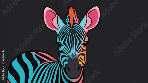 Zebra with colorful patterns standing against a dark background during daytime in an art style