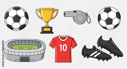 A colorful vector graphic illustration of various soccer icons and equipment on a plain background
