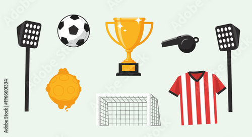 A colorful vector graphic illustration of various soccer equipment and symbols on a light background