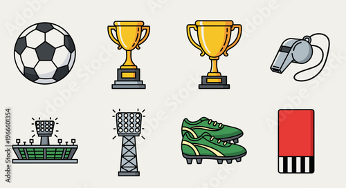 A set of soccer icons and symbols in a flat vector graphic design