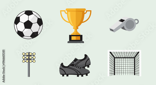 A set of soccer icons including a ball, trophy, whistle, goalpost, cleats, and net on a plain background