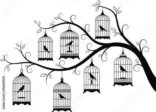 Black silhouette birdcages hanging from tree branch with perched birds inside, artistic freedom confinement symbolic illustration design
