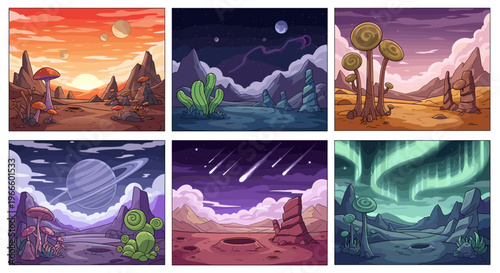 A collection of six vibrant landscape illustrations in a cartoon style with various natural scenery