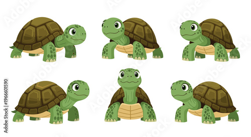 A set of colorful cartoon turtles in various poses on a white background