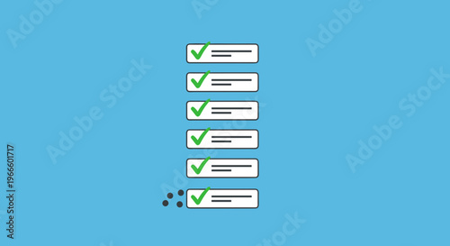 A vector graphic illustration of a checklist with green checkmarks on a light blue background