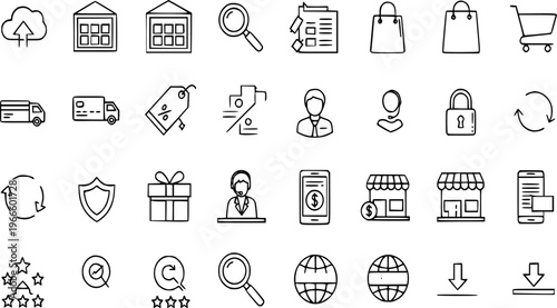 Collection of modern E-commerce business shopping vector icon set line art symbols representing web store operations, delivery, payment, customer support, and sales concepts.