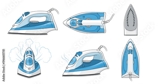 A set of six blue and white iron illustrations in various views and positions