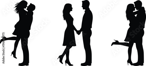 Black silhouette icons of couples embracing, lifting, holding hands, romantic poses, love relationship affectionate illustration design