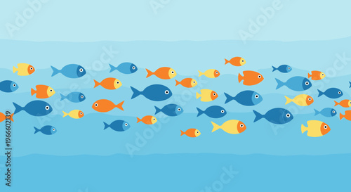 A colorful school of fish swimming together in a vibrant ocean illustration