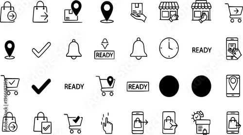 E-commerce icons vector illustration graphic design set online shopping, retail delivery, location tracking, order status, and customer service processes. 