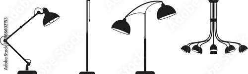 Black silhouette icons of lamps including desk lamp, floor lamp, chandelier, curved arm lamp, interior lighting illustration design