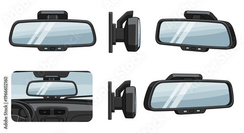 A set of six different rear view mirror designs for cars and vehicles in a vector graphic format