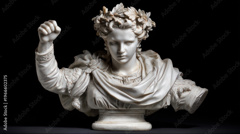 Fototapeta premium Sculpted bust depicting a person with a laurel wreath and raised arm on dark backdrop