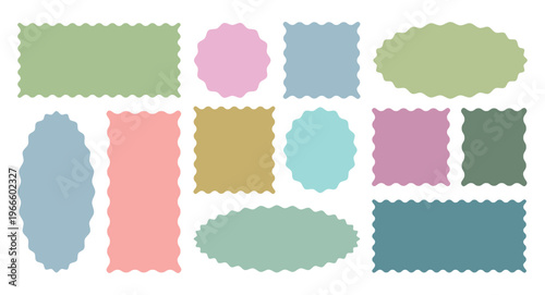 Set of colorful zigzag edges.  Color rectangle frames with wiggly borders. Empty scalloped box, sticker, tag or label templates isolated on white background.