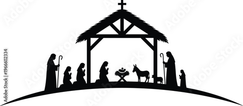 Black silhouette nativity scene with baby Jesus in manger, Mary, Joseph, shepherds, animals, stable and Christmas symbolism