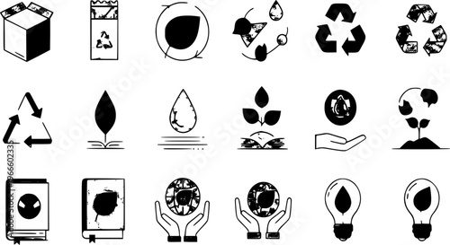 Ecology Environment Vector Illustration Graphic Icon Set collection featuring various sustainable design concepts, natural resources, eco-friendly symbols
