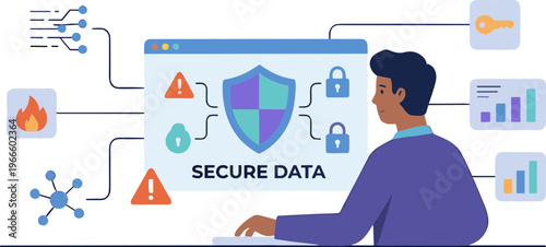 Man working on computer with secure data shield and warning signs nearby indoors