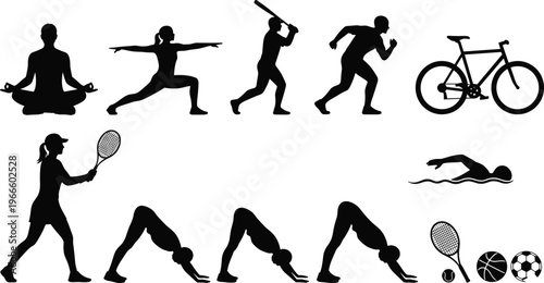 Black silhouette trees showing fruit tree, blossom tree, bare branches, sparse leaves, dense foliage seasonal illustration design