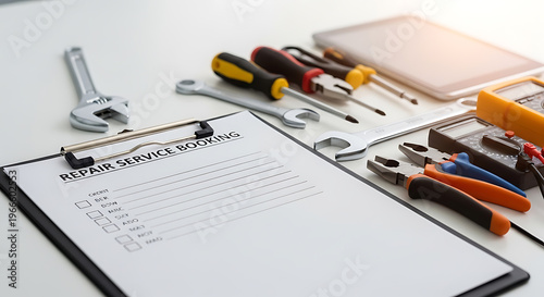 Repair Service Booking Form with Essential Tools for Technical Maintenance, Professional Support, and Diagnostics on White Desk