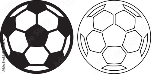 Minimalist black vector silhouette and line art icons of a soccer ball, representing competitive football matches, athletic team sports, and active recreational games.