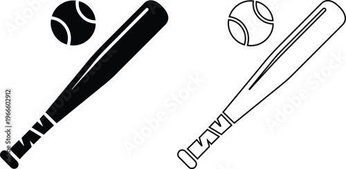 Minimalist black vector silhouette and line art icons of a baseball bat and ball, representing competitive team sports, athletic equipment, and outdoor recreational games.