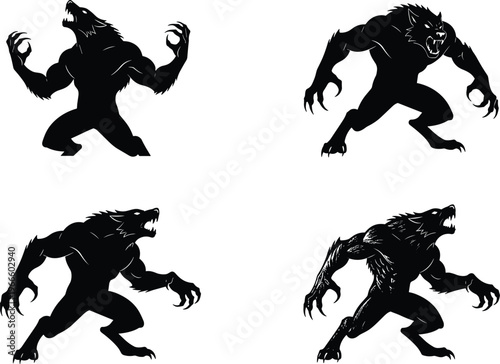 Black silhouette werewolf creatures in dynamic aggressive stances, muscular humanoid wolf figures with claws, teeth, and pointed ears illustration