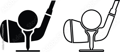 Minimalist black vector silhouette and line art icons of a golf club hitting a ball off a tee, representing outdoor sports, recreational leisure, and competitive tournament games.