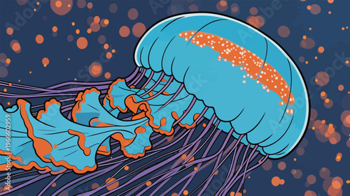 Bright jellyfish swims in deep ocean waters during a calm night scene capturing ocean life