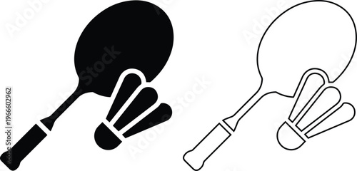 Minimalist black vector silhouette and line art icons of a badminton racket and shuttlecock birdie, representing competitive sports, fitness training, and active recreational leisure.