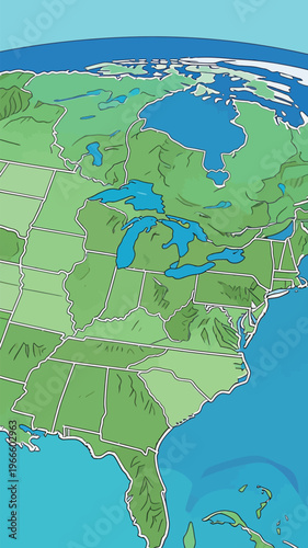 Map showing the outline of the United States and surrounding bodies of water, highlighting geographical features and states in detail
