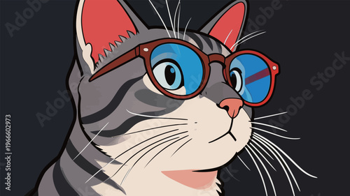 Cat wearing glasses looks at the viewer with curiosity in a colorful digital art style