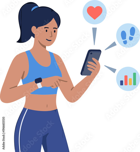 Woman tracks fitness on phone with heart rate and footprints