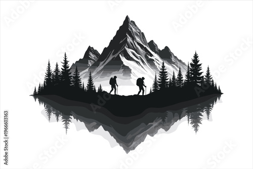 Silhouette of Hikers Trekking Through a Pine Forest with Snowy Mountains