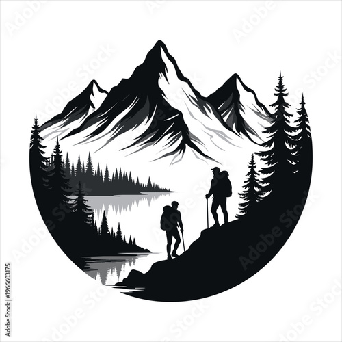 Silhouette of Hikers Trekking Through a Pine Forest with Snowy Mountains