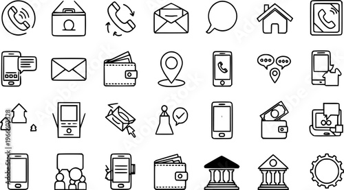 Business and communication line icon vector illustration graphic design set for web applications or mobile apps representing finance, messaging, and digital services with a hand drawn sketch style.