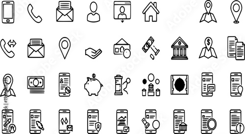 Financial services vector icons illustration set showcasing essential communication, banking, money, and location symbols, perfect for web, app, graphic design projects, presentations, and digital