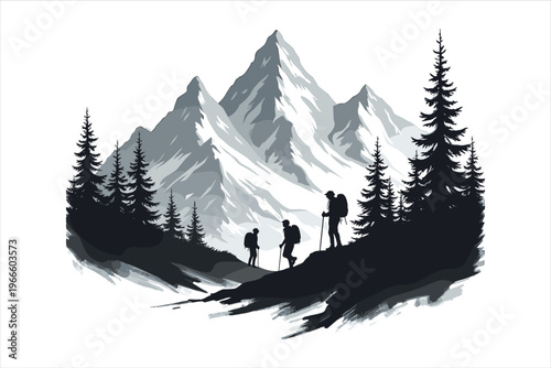 Silhouette of Hikers Trekking Through a Pine Forest with Snowy Mountains
