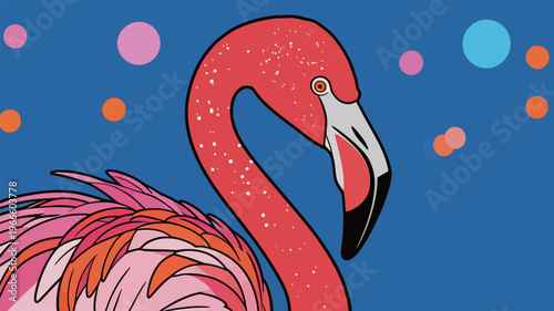 Bright pink flamingo stands out against blue background with colorful dots at night