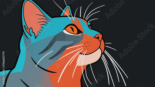 Colorful cat artwork showing the face of a cat looking up with bright colors and bold lines at a digital art exhibition