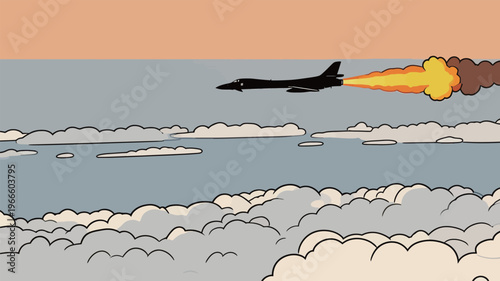 Military aircraft flies over clouds during sunset with smoke trail in the sky