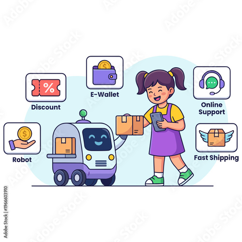 Girl holding package next to robot delivering items with online support