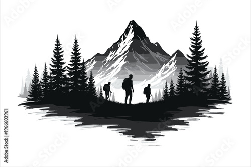 Silhouette of Hikers Trekking Through a Pine Forest with Snowy Mountains