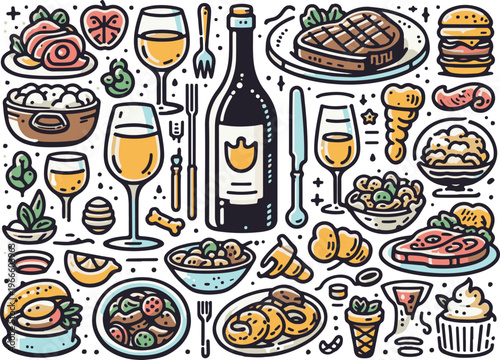 Dinner and Wine Fine Dining Restaurant Food, Illustration Doodle Cartoon Collection