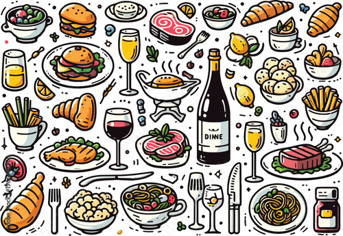 Dinner and Wine Fine Dining Restaurant Food, Illustration Doodle Cartoon Collection